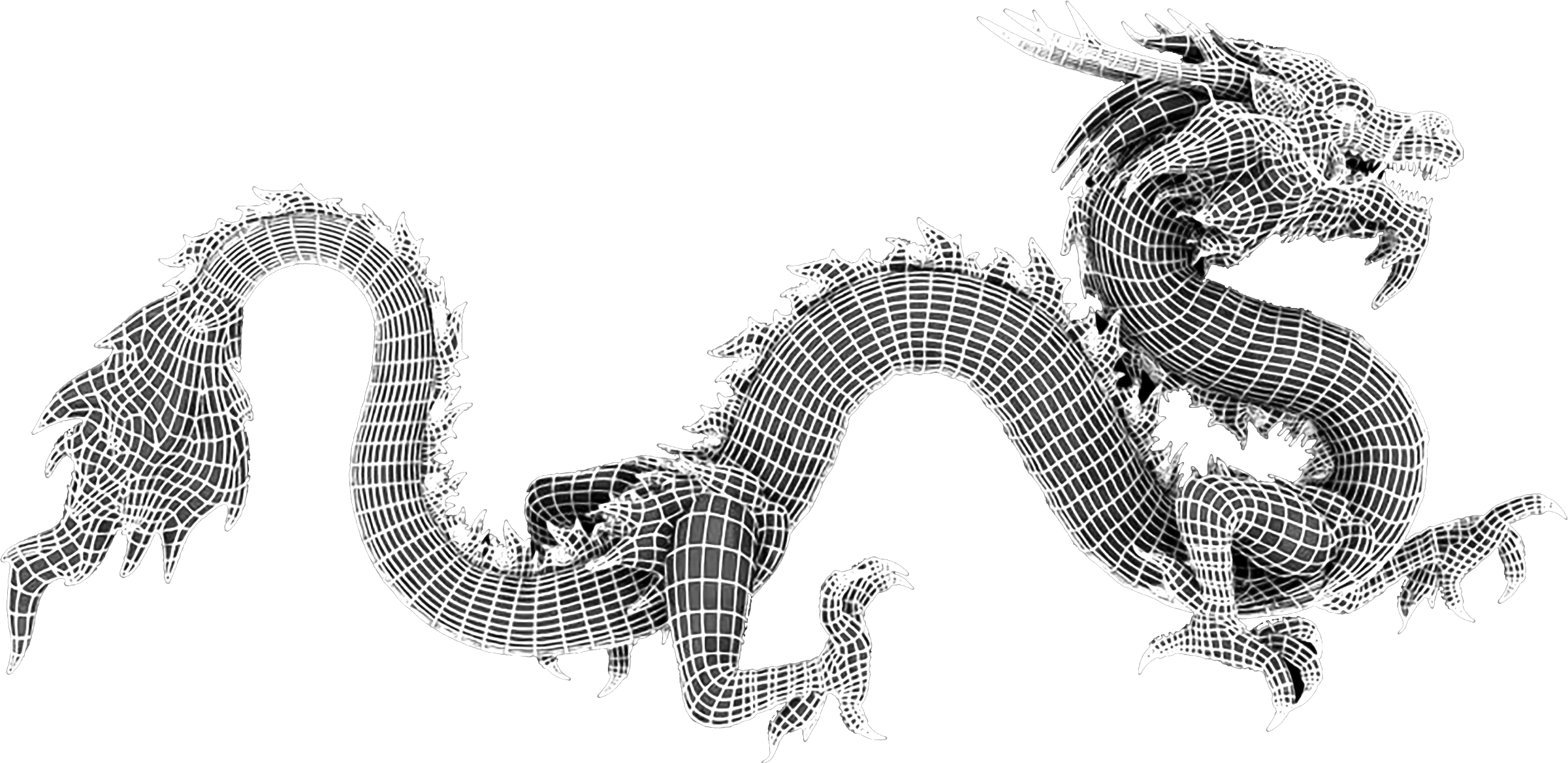Wireframe model of a dragon with detailed scales, wings, and horns, set against a black background.