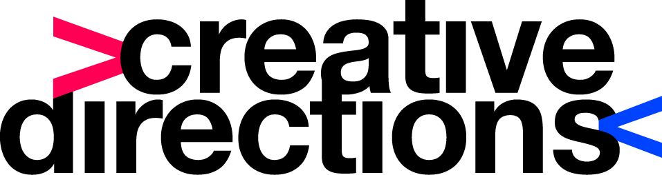 Pink and blue angle brackets with black text in between, official logo of the creative & marketing agency 'creative directions', based in toronto and hong kong