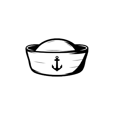 A simple black and white drawing of a boat with an anchor symbol on the side.