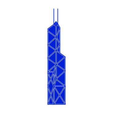 Outline of a tall building with blue neon lights against a black background.