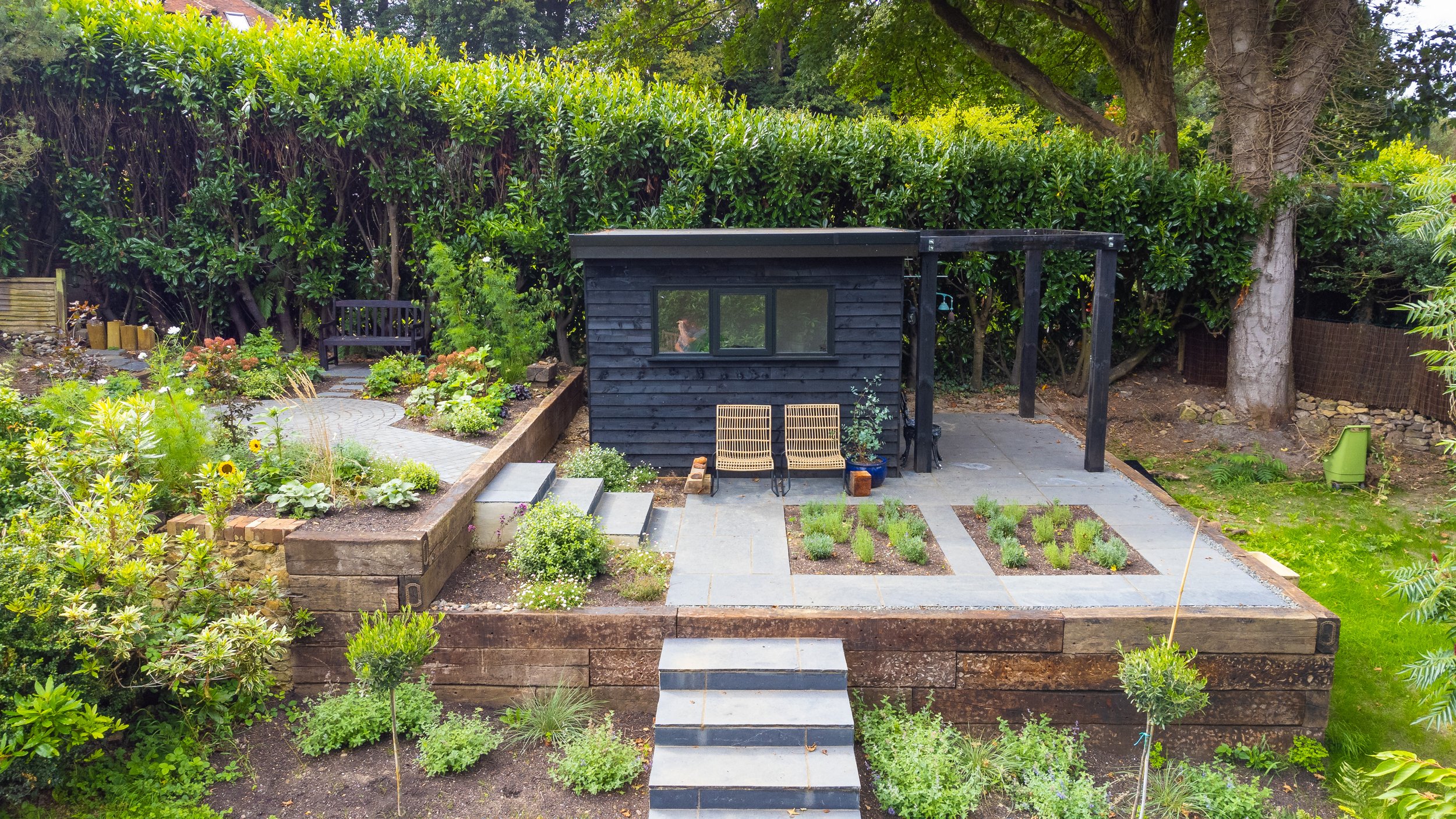 Birds Eye view garden room and garden landscaping