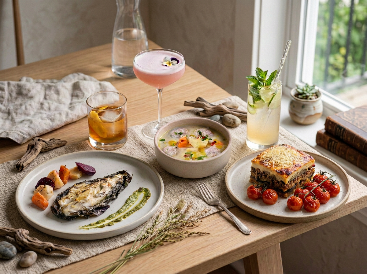 Authentic Greek food served at Karma Greek Restaurant in Oia, Santorini, including fresh Greek salad, creamy tzatziki, flavorful soutzoukakia, and toasted pita bread.