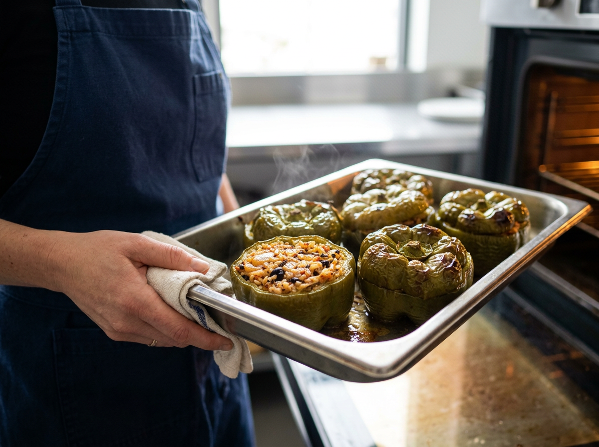 Discover Greek flavors at Karma Oia cooking class – Gemista stuffed tomatoes & peppers, vegan-friendly, authentic Santorini experience. 在 Karma Oia 料理課程中探索希臘美味 – 傳統釀番茄與青椒，素食友好，聖托里尼道地體驗。サントリーニ島イアのKarmaレストランでギリシャ料理Gemistaを体験。