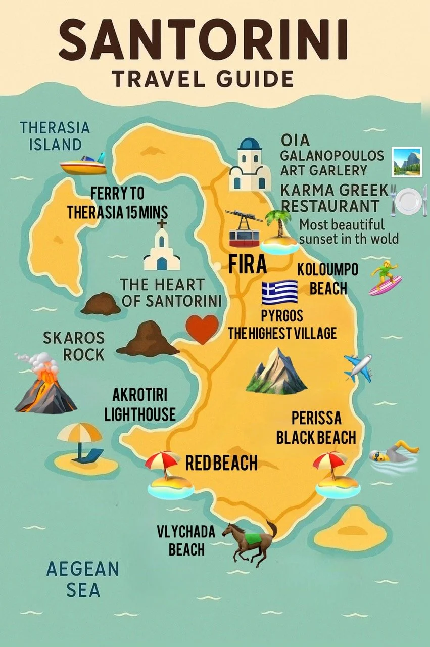 Vista de Santorini Oia en Grecia con cúpulas azules, casas blancas y mágico atardecer en el mar Egeo, ideal para fotos y luna de miel.