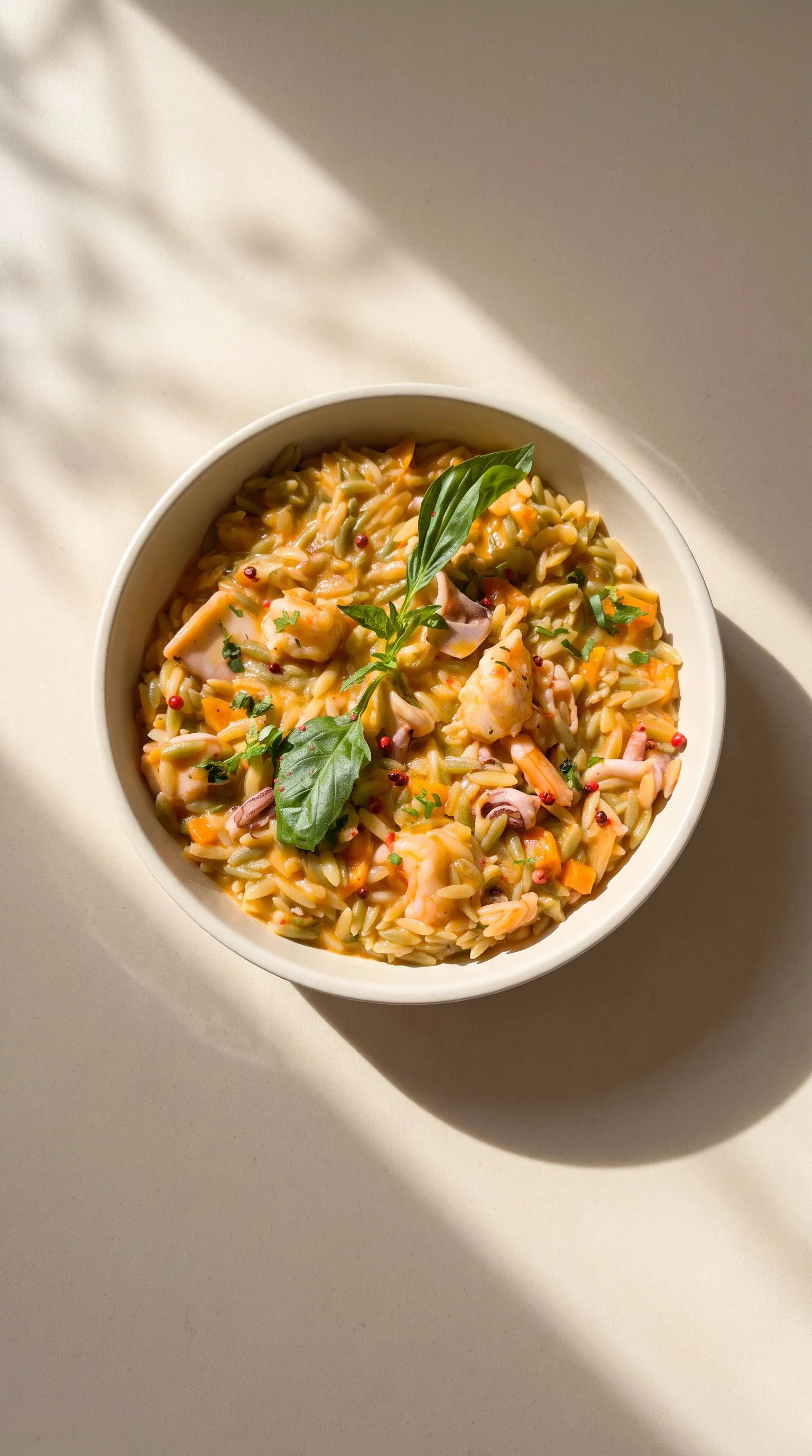 Greek cooking class - SEAFOOD ORZO
We share our recipe and step by step how to make it at home.
Karma Greek Restaurant in Oia — don’t miss our crowd-favorite SEAFOOD ORZO with squid & prawns. Silky orzo simmered in Santorini white wine, sweet prawns,