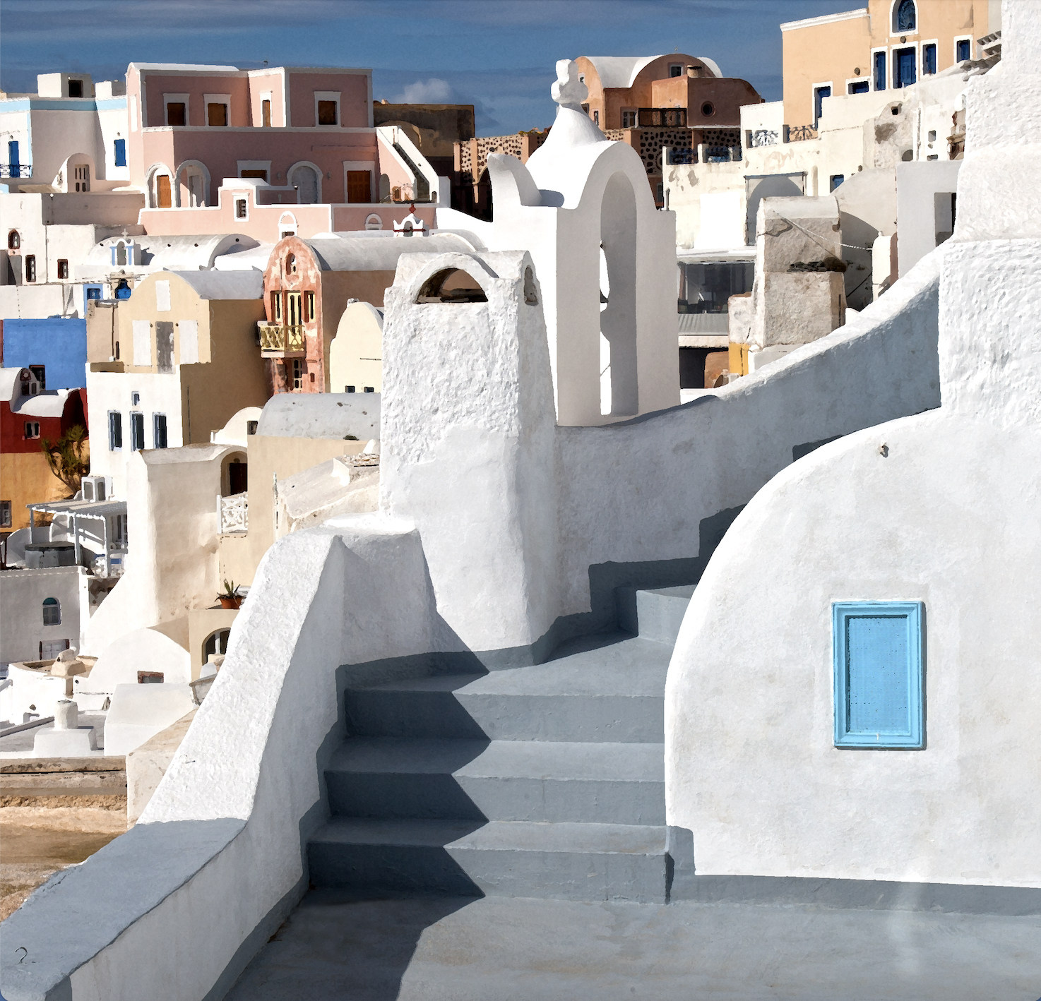 Γκαλερί τέχνης Οίας Σαντορίνης – Πρωτότυπα έργα με θέματα γαλάζιους τρούλους, ηλιοβασίλεμα και παραδοσιακή αρχιτεκτονική.