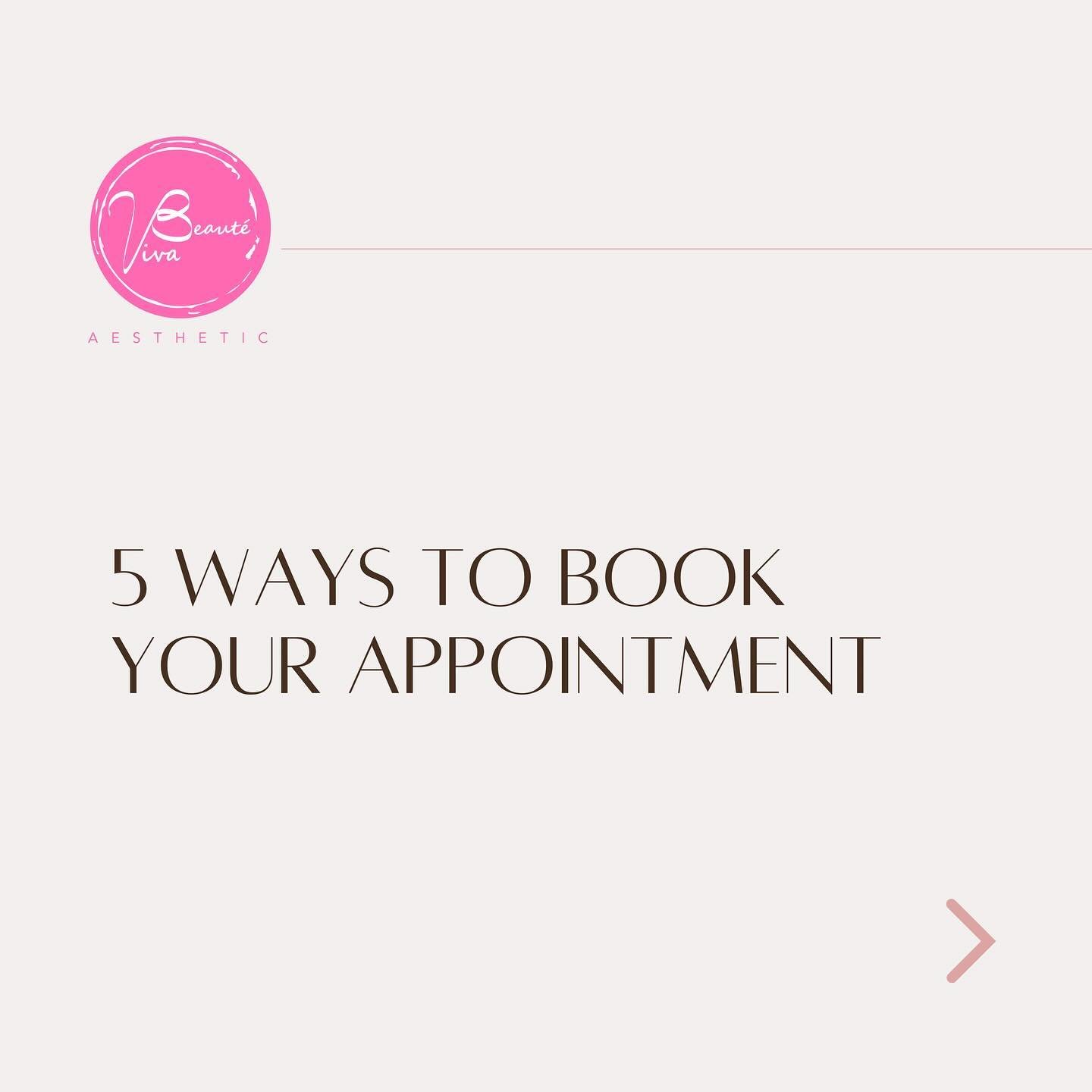 🗓️Booking an appointment at Viva Beaut&eacute; Aesthetics is easy! Here are 5 convenient ways to secure your spot, designed to suit your preference: 

1. 𝗩𝗶𝘀𝗶𝘁 𝗼𝘂𝗿 𝘄𝗲𝗯𝘀𝗶𝘁𝗲: www.vivabeaute.nz
2. 𝗖𝗹𝗶𝗰𝗸 𝘁𝗵𝗲 &lsquo;𝗕𝗢𝗢𝗞 𝗡𝗢𝗪