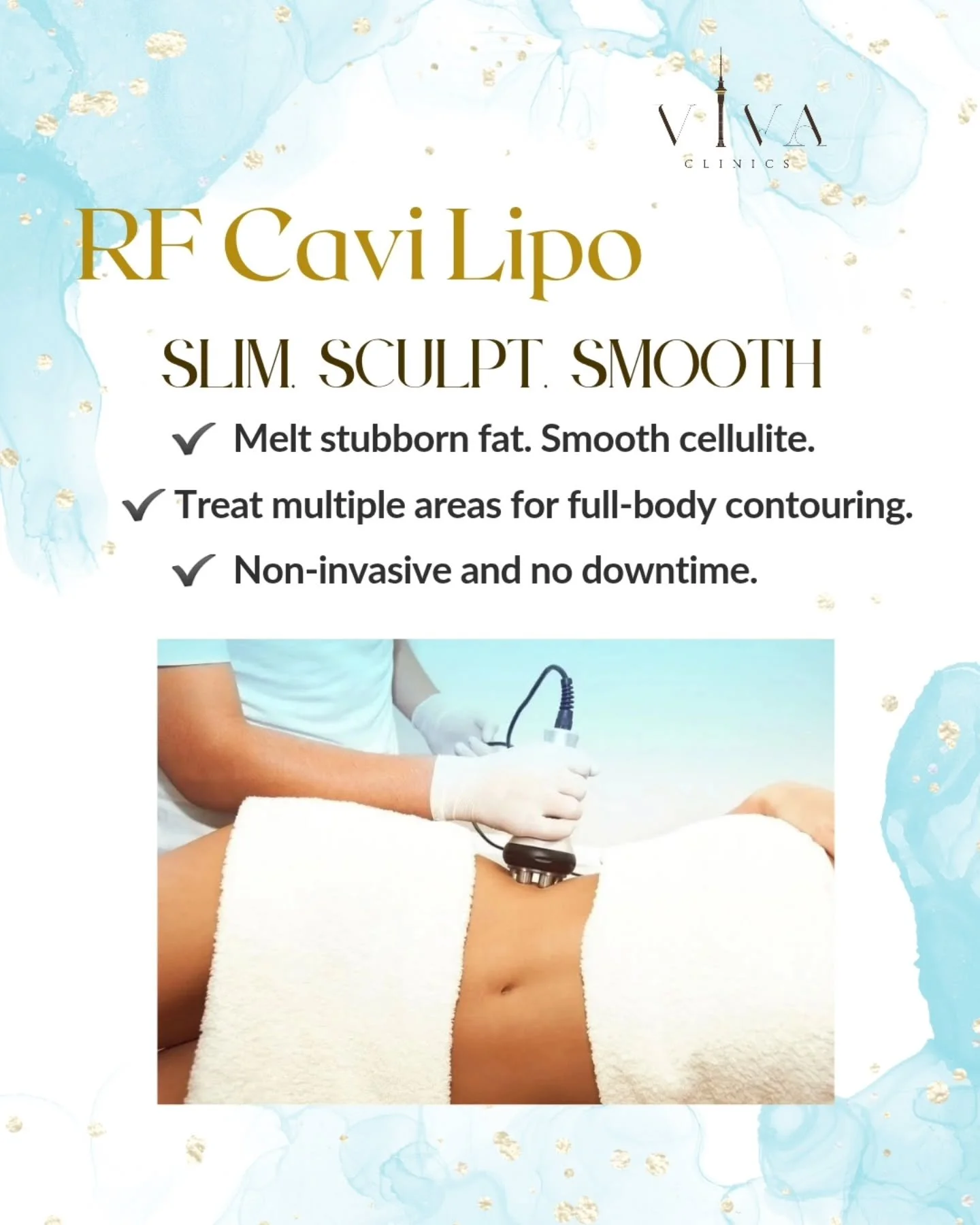 Cooler weather, hotter curves.

By combining ultrasound cavitation to disrupt fat cells with radiofrequency to tighten skin, these treatments contour the body while improving skin firmness &mdash; ideal for post-weight loss or mild laxity.

Best for: