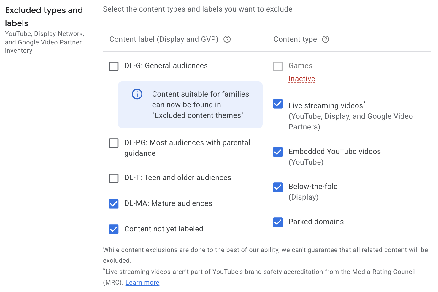 Google Ads excluded types and labels