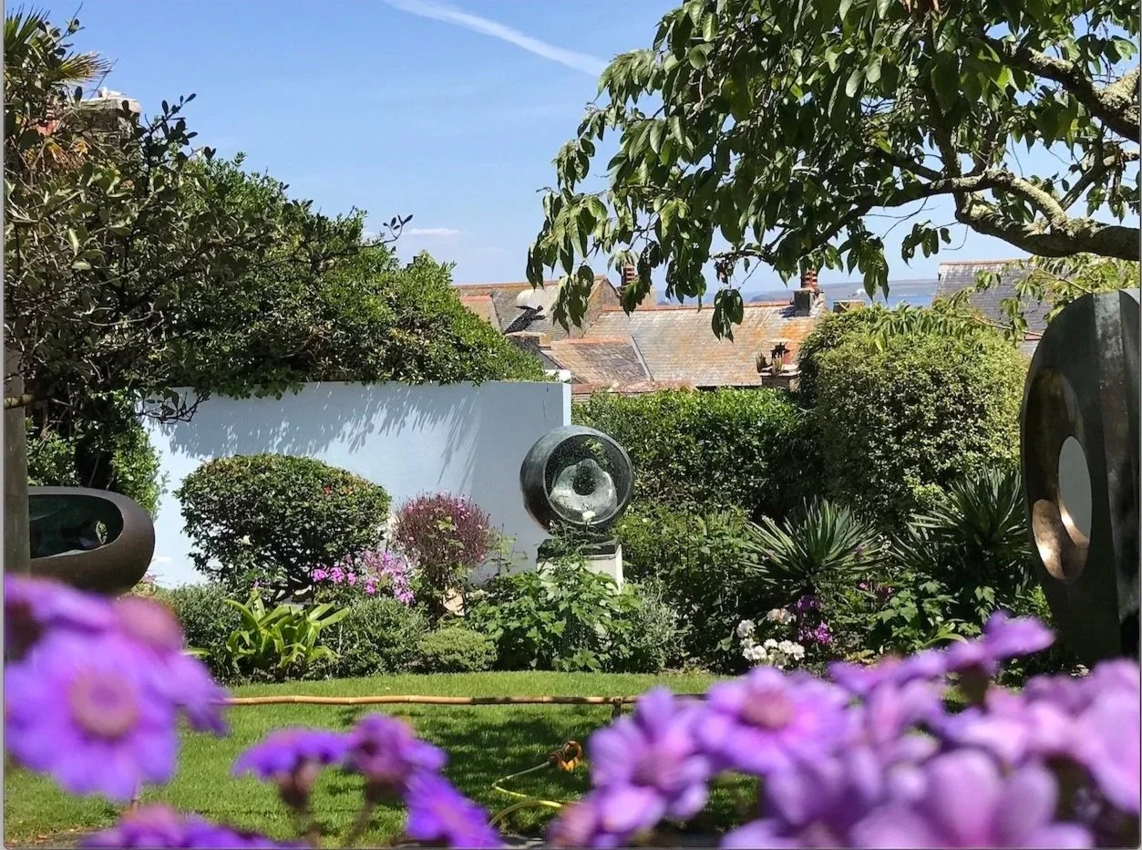 Hepworth Sculpture Garden St Ives, with purple cinerarias in the foreground, maintained by specialist gardener Juniper Gardens