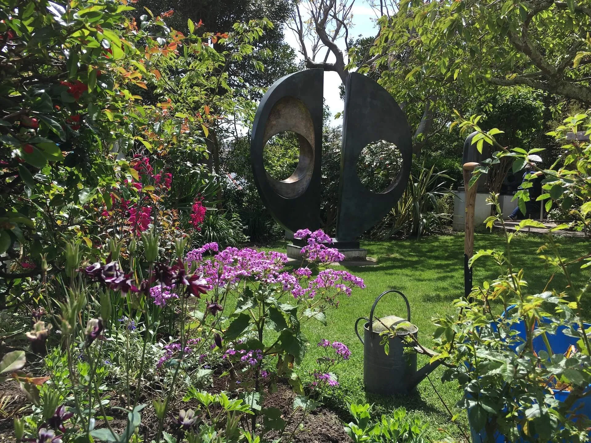 Barbara Hepworth sculpture garden with divided circle and garden in the foreground