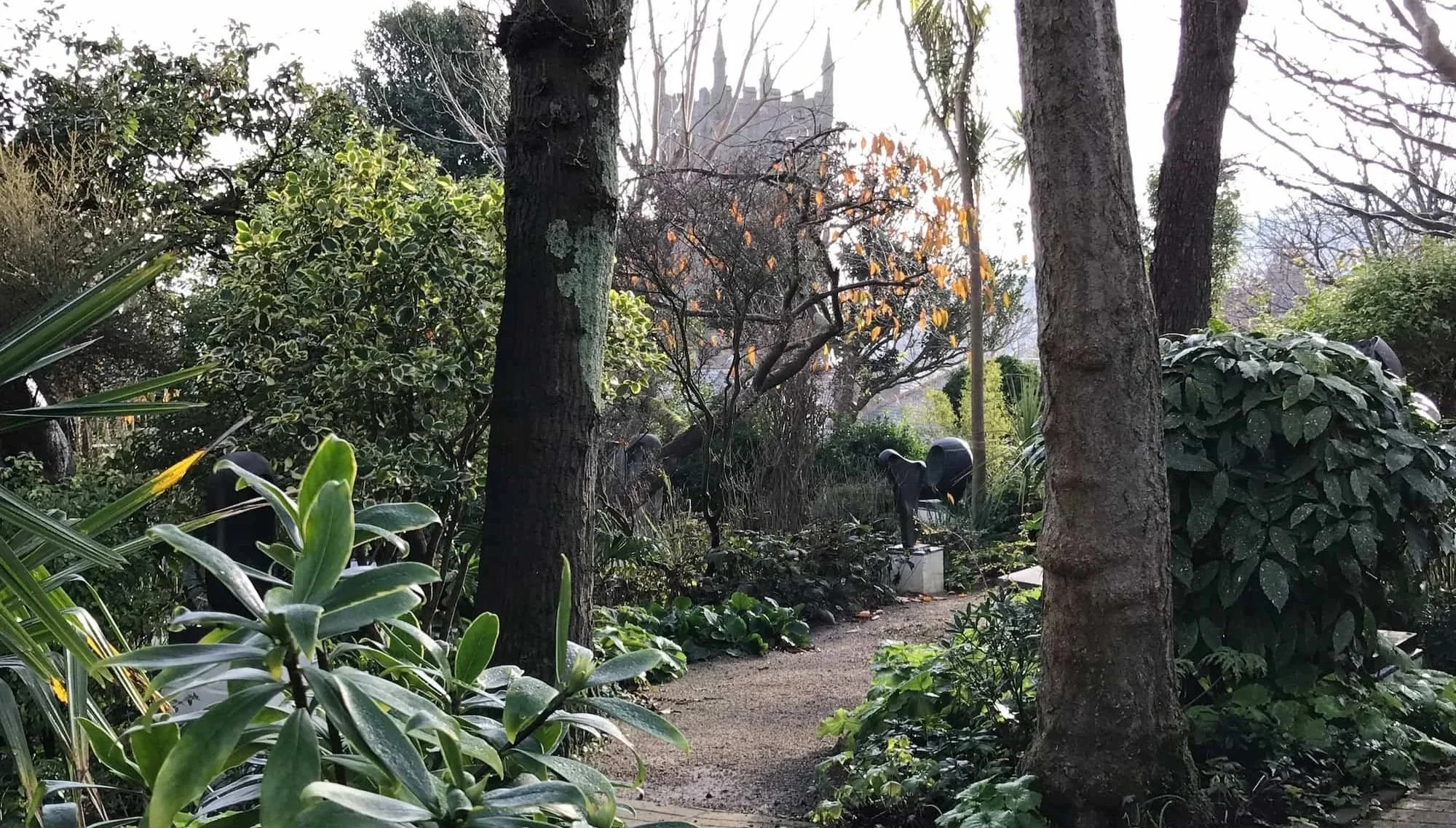 Hepworth garden in Cornwall through the woodland area with church in the background in a low moody autumn light