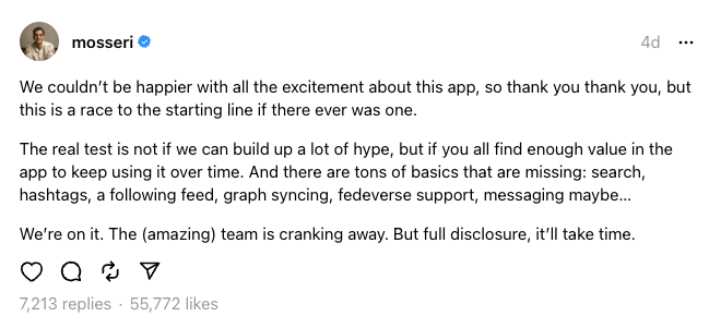 A Threads post from Adam Mosseri, Head of Instagram, addressing the lack of discovery tools on the new app.