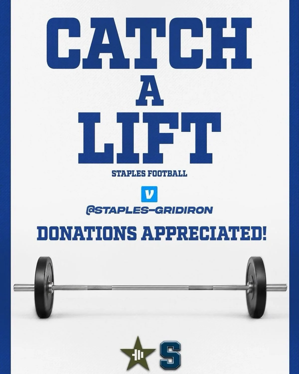 Staples Football is raising money for the Catch A Lift Fund (@catchalift_fund) to empower wounded combat veterans fitness, nutrition and wellness support. 

If you would like to help us serve Catch A Lift&rsquo;s Mission, please Venmo @Staples-Gridir