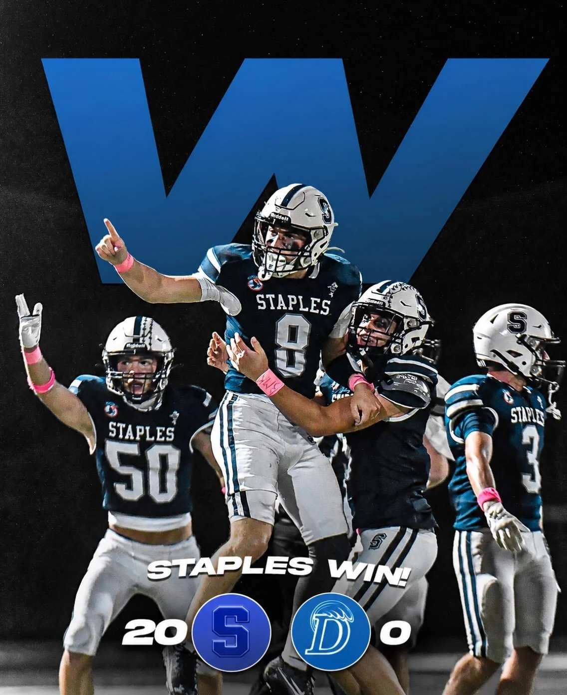 Wreckers 20
Blue Wave 0

Staples Football&rsquo;s 500th win in Program History. 

What a night!! 

GO WRECKERS!!