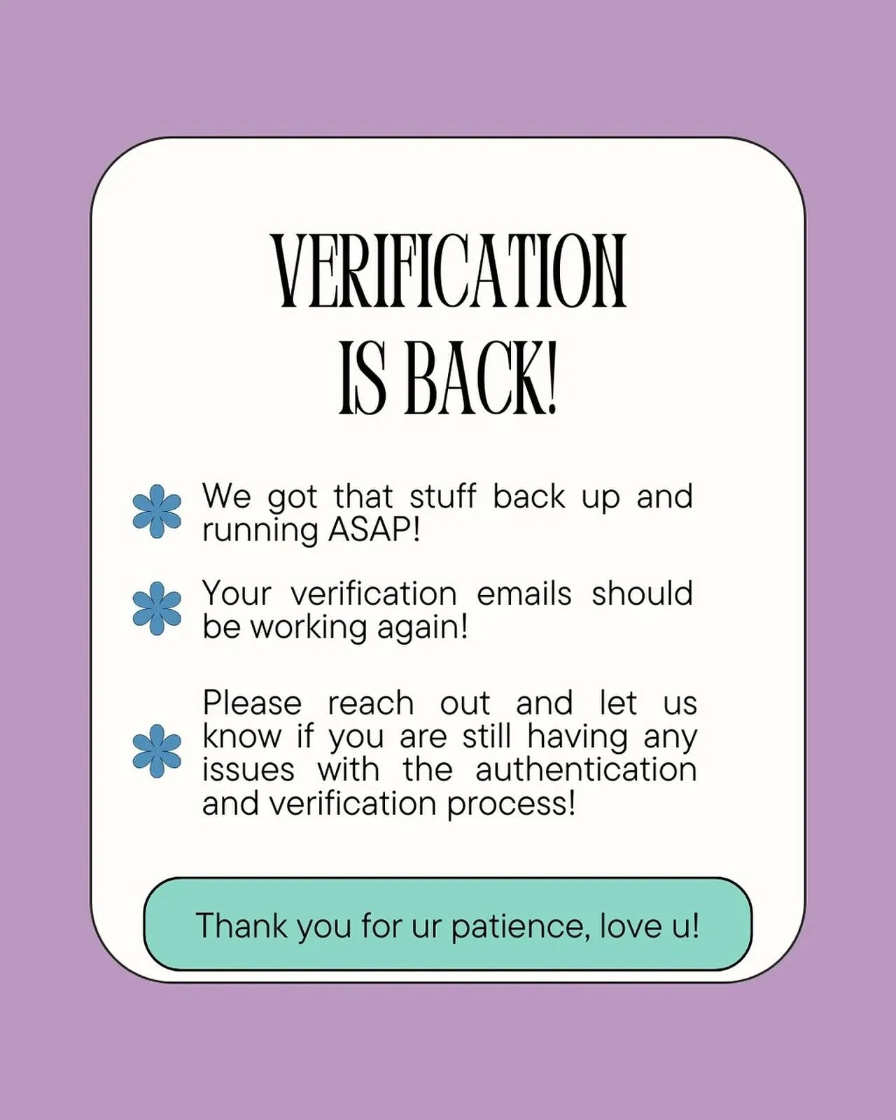 Verification is back!

Thanks to the quick-thinking and speed-typing of our tech support, the authentication system is back up and running again! If you are prompted to re-verify your QLL card, you should be able to do so. If you happen to be having 