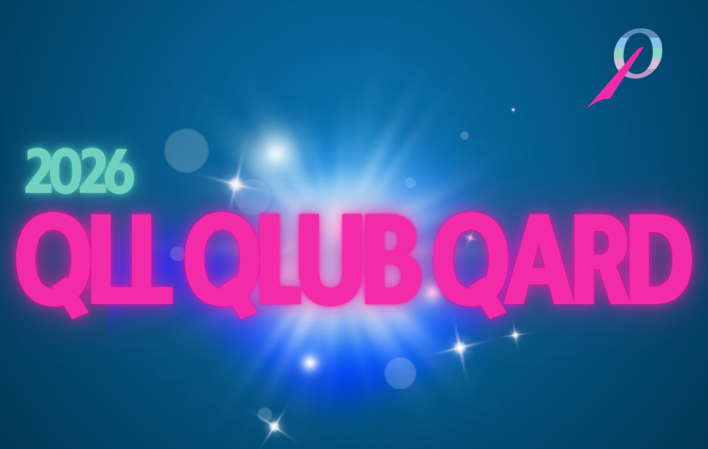 Blue card shape with pink text that reads "QLL QLUB QARD" and 2026 in teal with Q qll logo