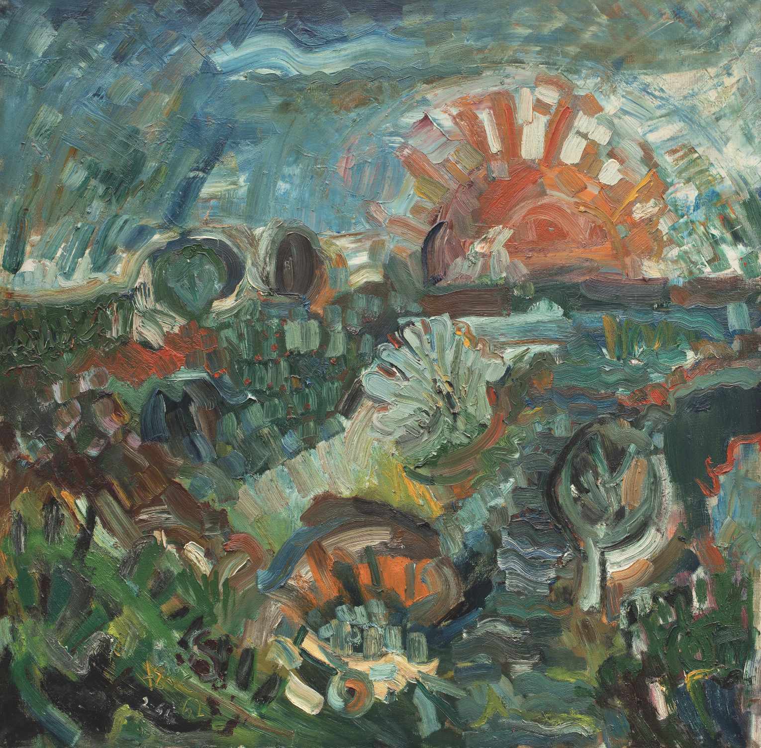 Fabriek Noord galerij Antwerpen Gallery Antwerp. Expostitie. Ferre Grignard Beeld van een Muzikant. Ferre Grignard and Band.
Ondergaande zon, 1962
olieverf op canvas | oil on canvas