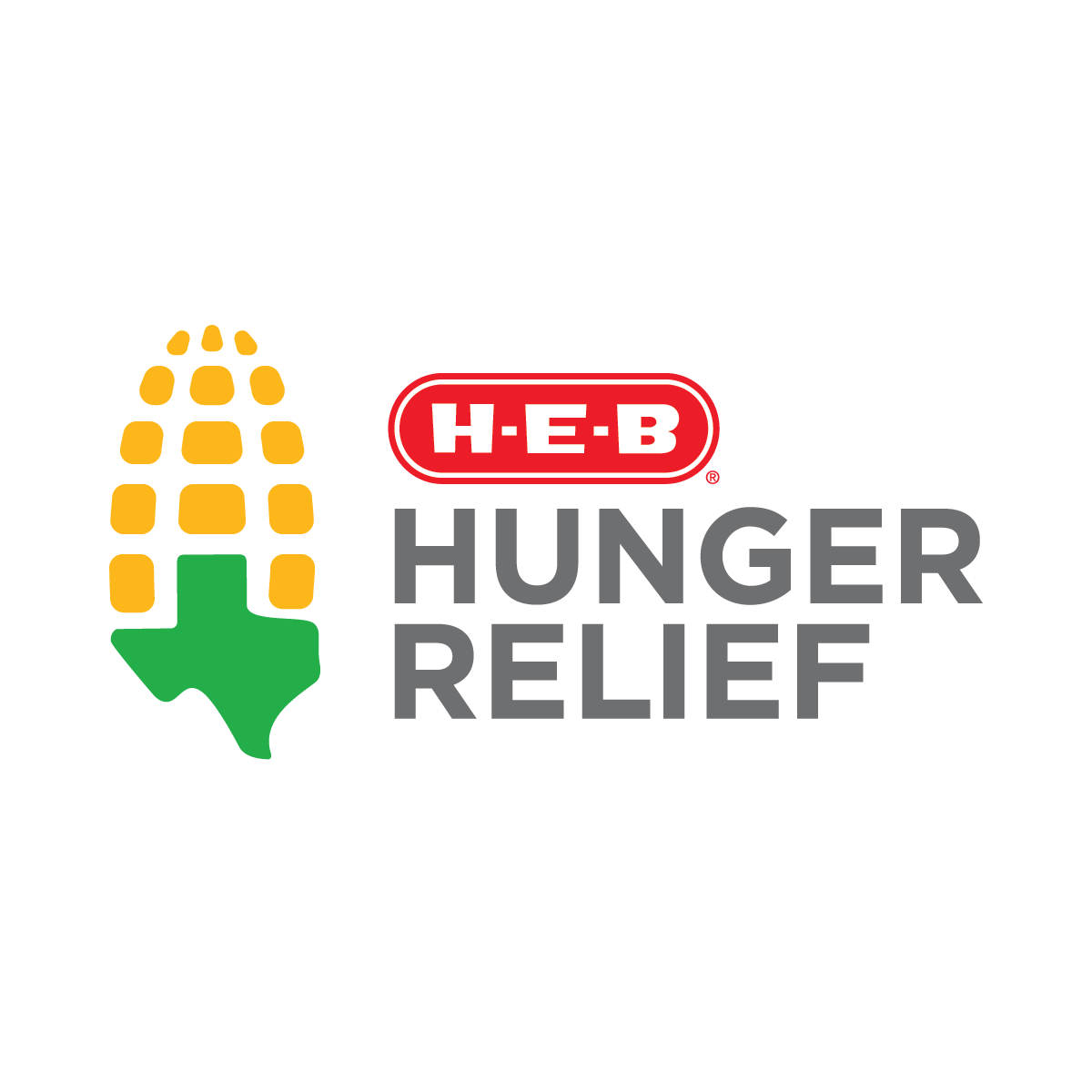 H-E-B Hunger Relief logo with a stylized ear of corn with a green Texas shape at the bottom, on a black background.