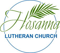 Logo for Hosanna Lutheran Church featuring green leaves and blue text.