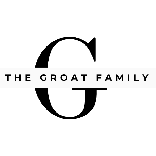 A logo with a large stylized letter 'G' and the text 'The Groat Family' in black capital letters on a white background.