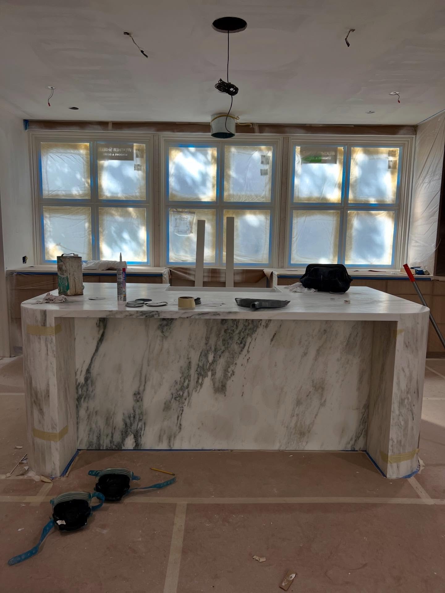 Progress shots: kitchen island, lighting install, cabinet doors drying, make shift spray booth, zellige tile &amp; tadelakt plaster.