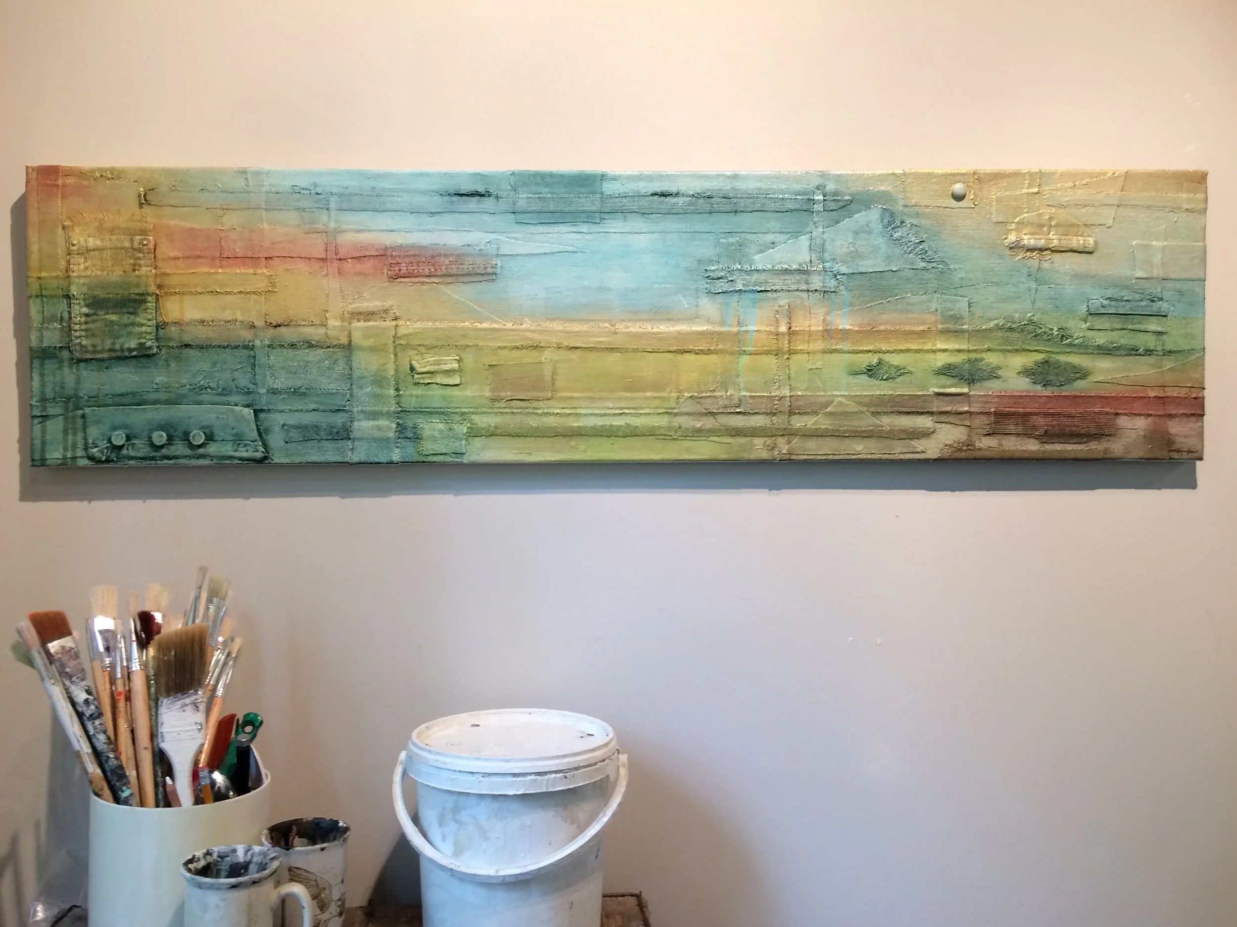 The Long View. Upcycled denim, mixed media & acrylic on canvas. Sold. Custom orders for similar pieces possible. 