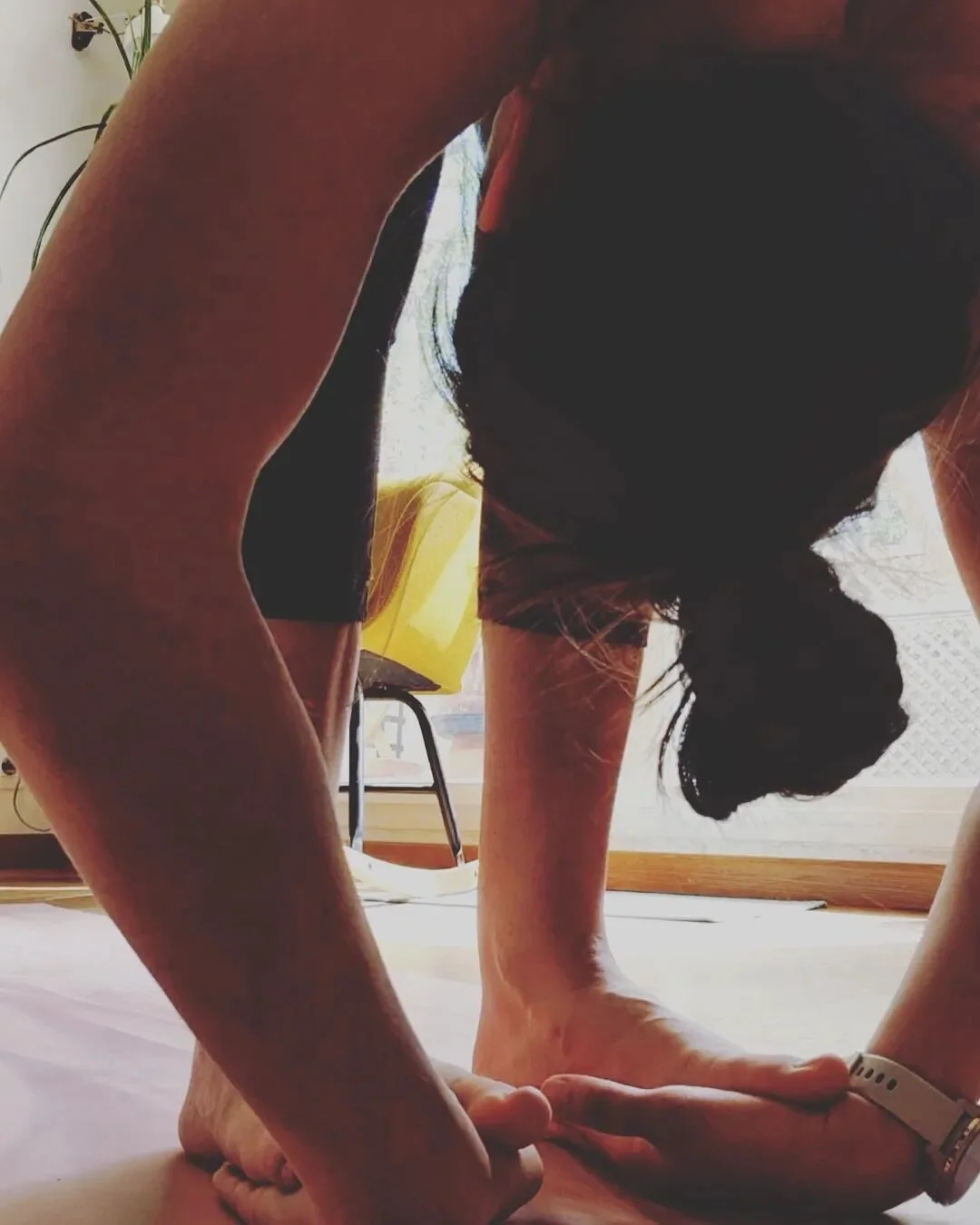 PADAHASTASANA.
Posture de la main✋️ au 🦶
.
On peut lire beaucoup de choses sur cette posture.

🦵d'un point de vue anatomique, cette flexion avant &eacute;tire toute la cha&icirc;ne post&eacute;rieure du corps, les ischiojambiers, les fessiers. 
Ell