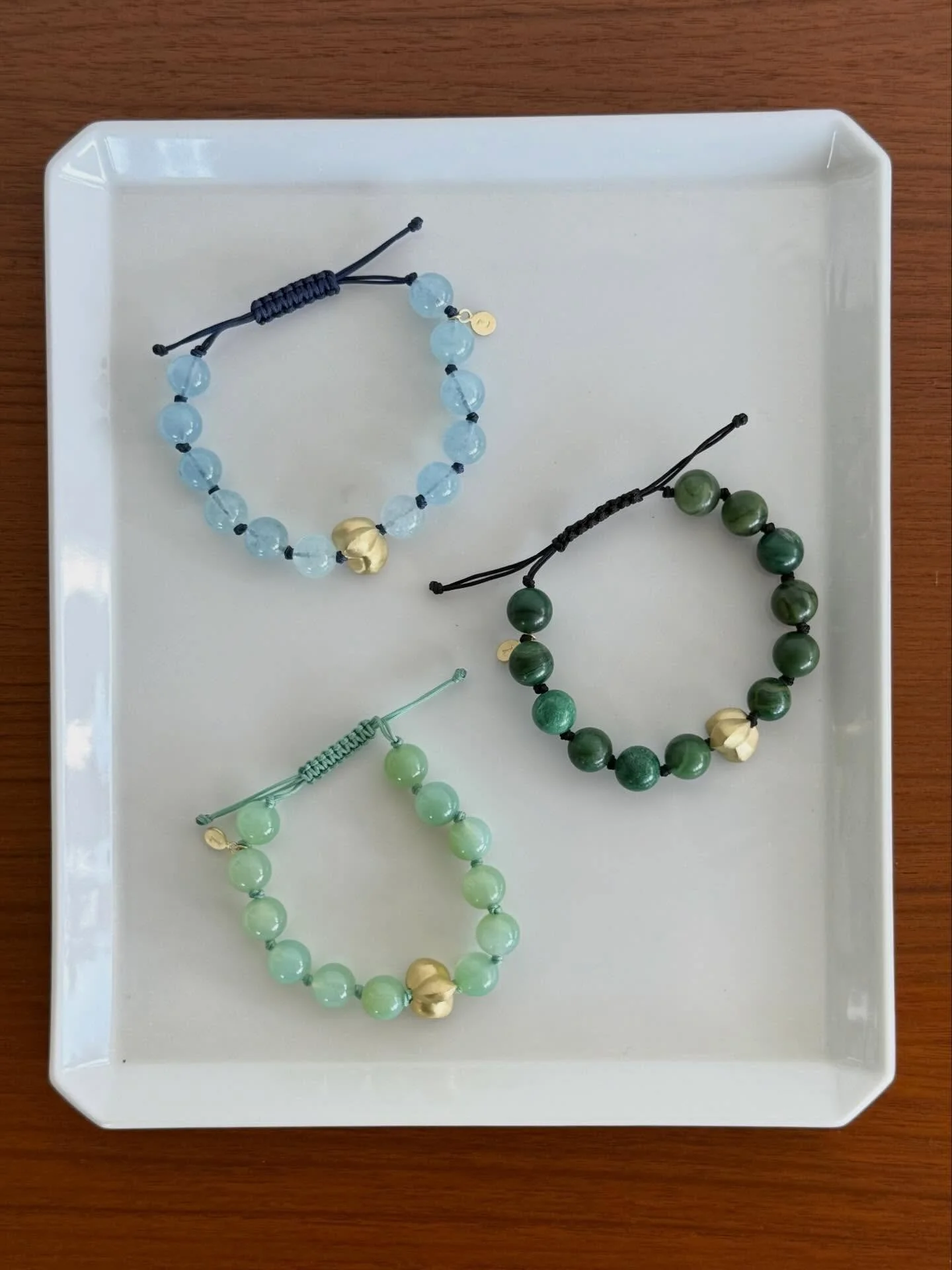 New Acorn beaded bracelets in Aqua Marine, Jade and Chalcedony to add to your stack.  #Lisaziffdesigns #beadedbracelets #aquamarine #jadejewelry #braceletstacks