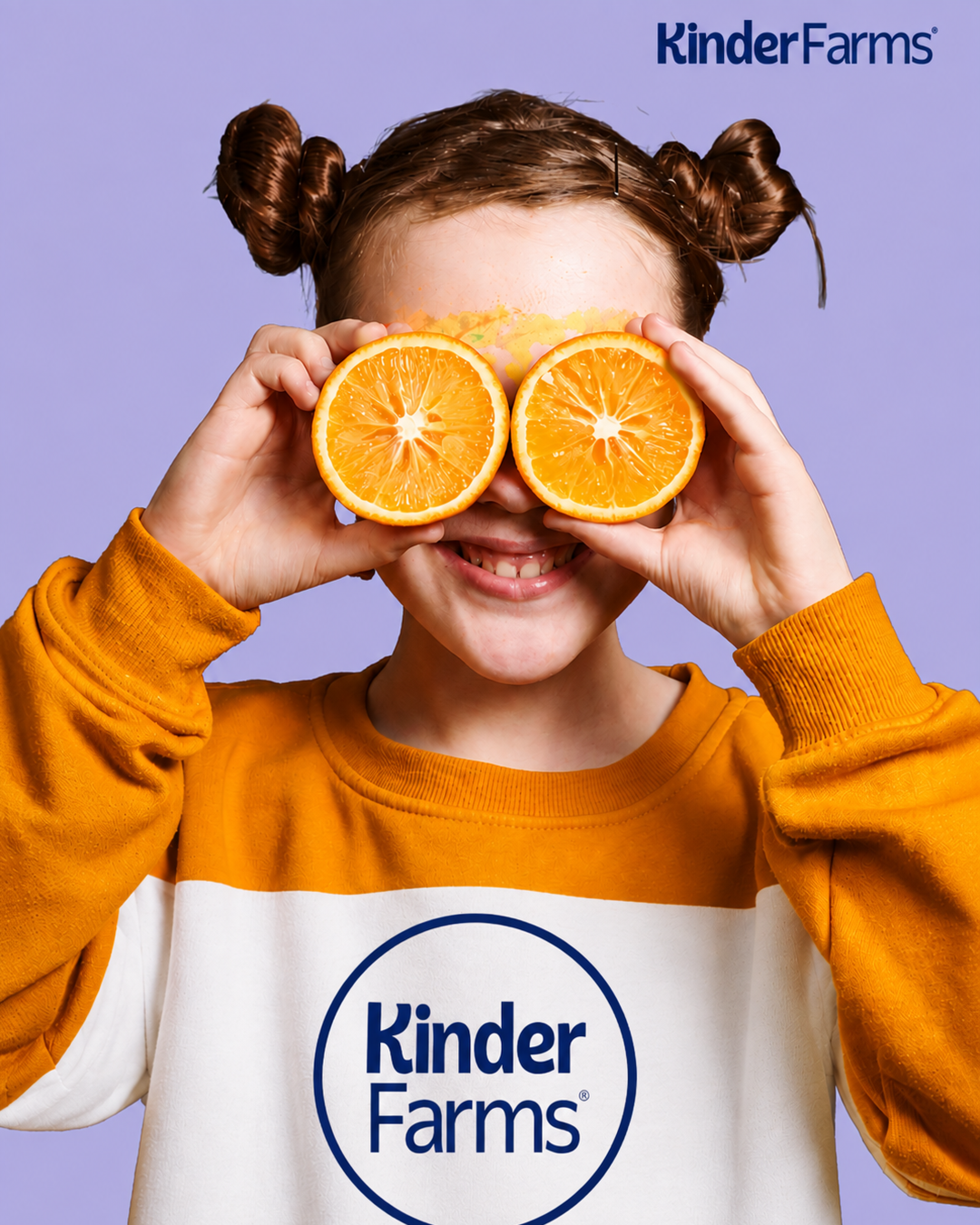 A young girl with brown hair styled in two buns, smiling and holding two halves of an orange in front of her eyes. She is wearing a yellow sweatshirt and a white shirt with the Kinder Farms logo on it. The background is purple, and the Kinder Farms l