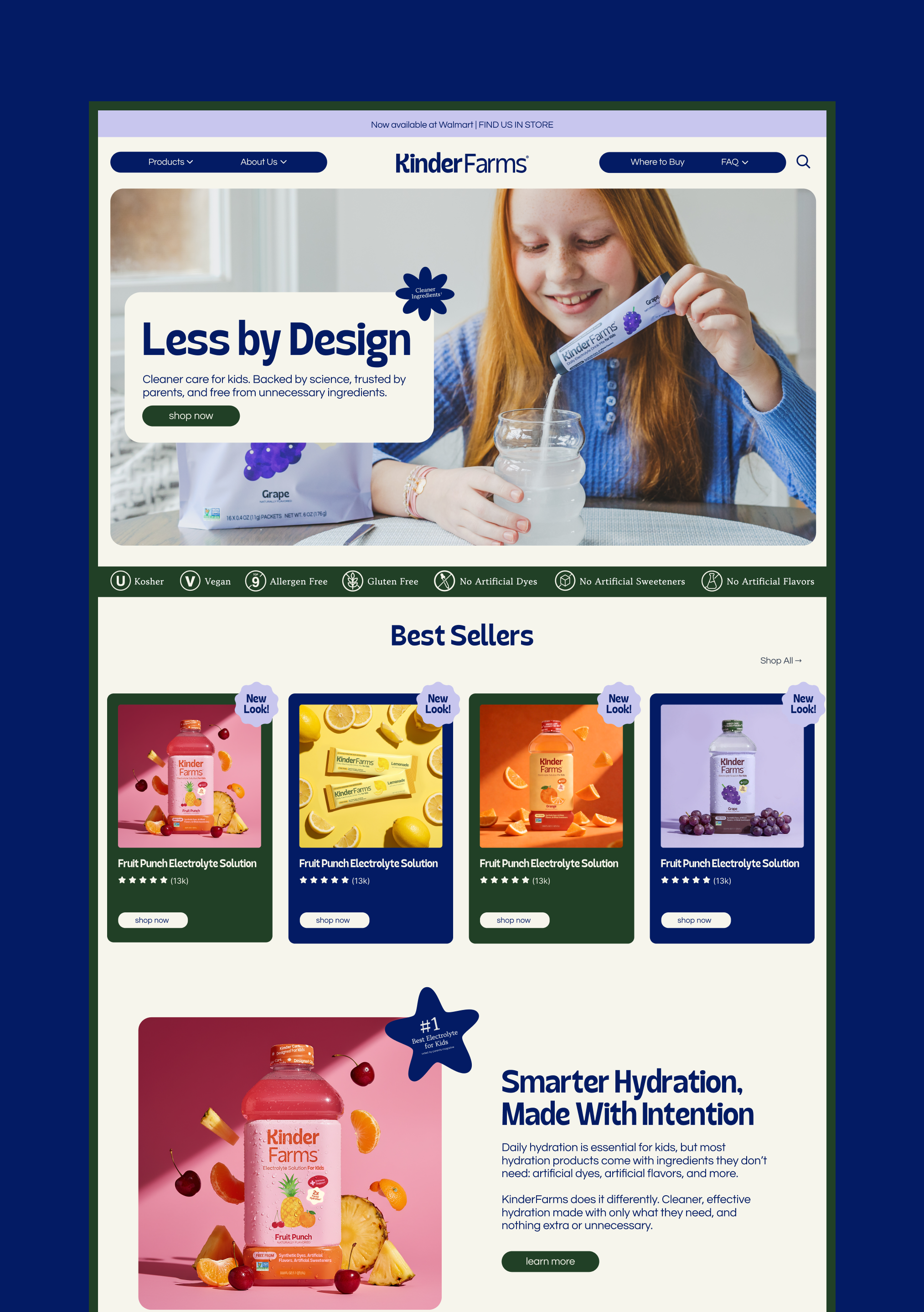 Screenshot of KinderFarms website promoting children's electrolyte drinks with colorful images of fruit punch flavor bottles surrounded by various fruits, and a young girl pouring electrolyte solution into a glass with a smile.