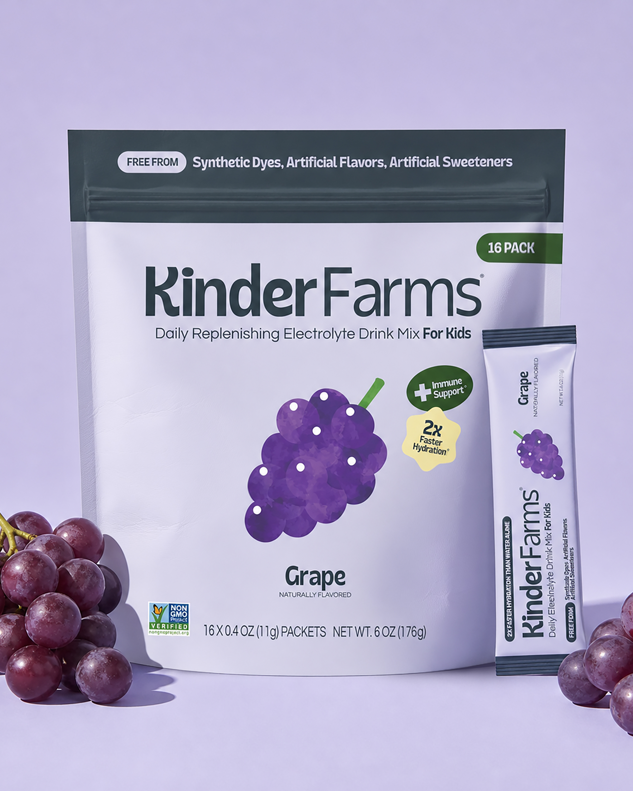 Package of Kinder Farms grape flavored electrolyte drink mix for kids with 16 packets, free from synthetic dyes, artificial flavors, and artificial sweeteners, with purple grapes in the foreground.