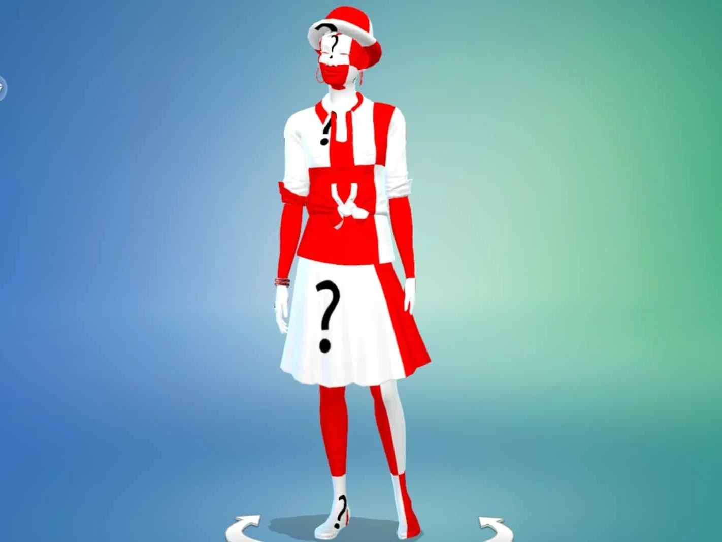 A Sim is distorted with random white and red patches all over them, plus a question mark — likely because of broken custom content (CC) used on that Sim.