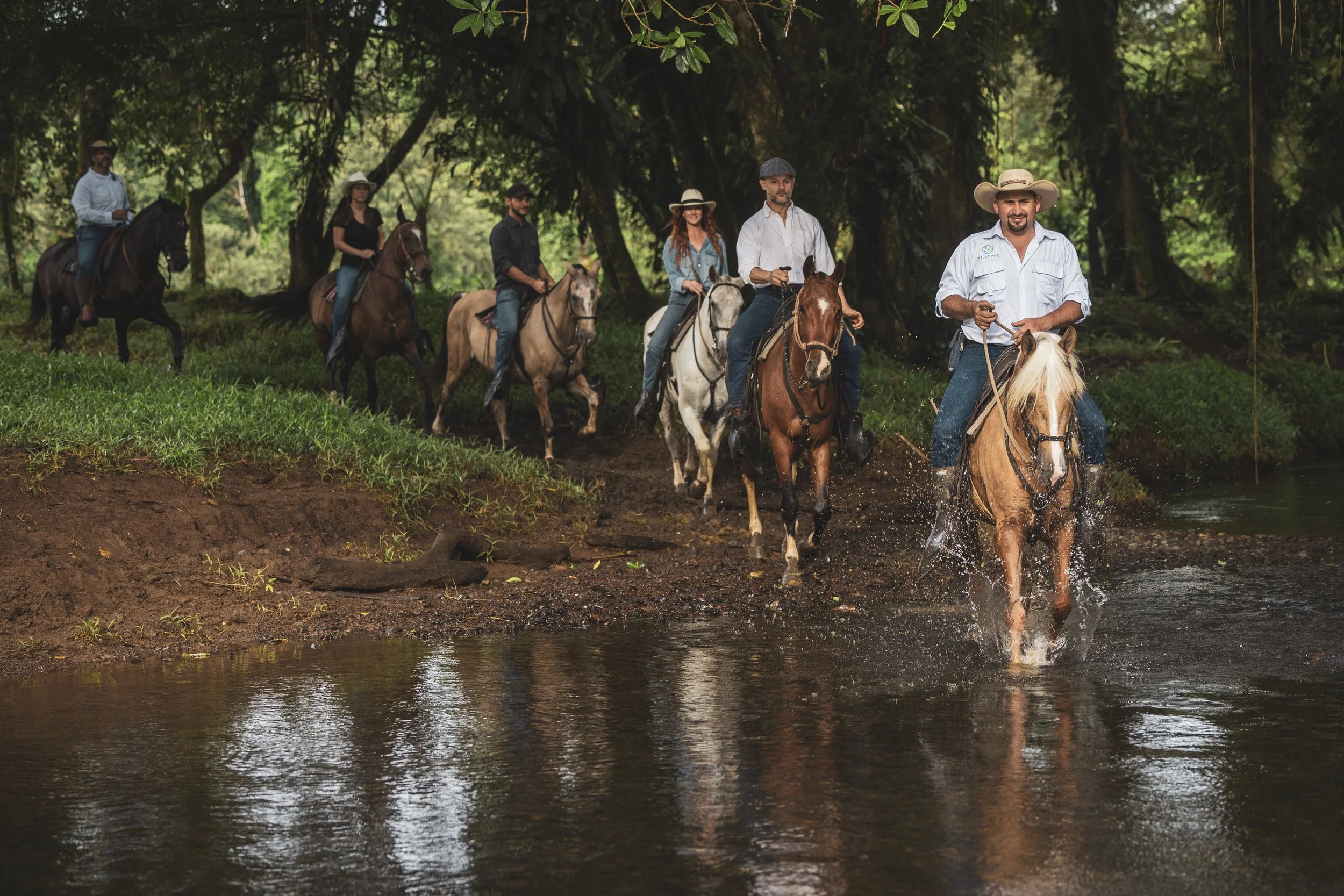 Group of six people riding horses through a forested area, crossing a shallow river or stream, surrounded by green trees.