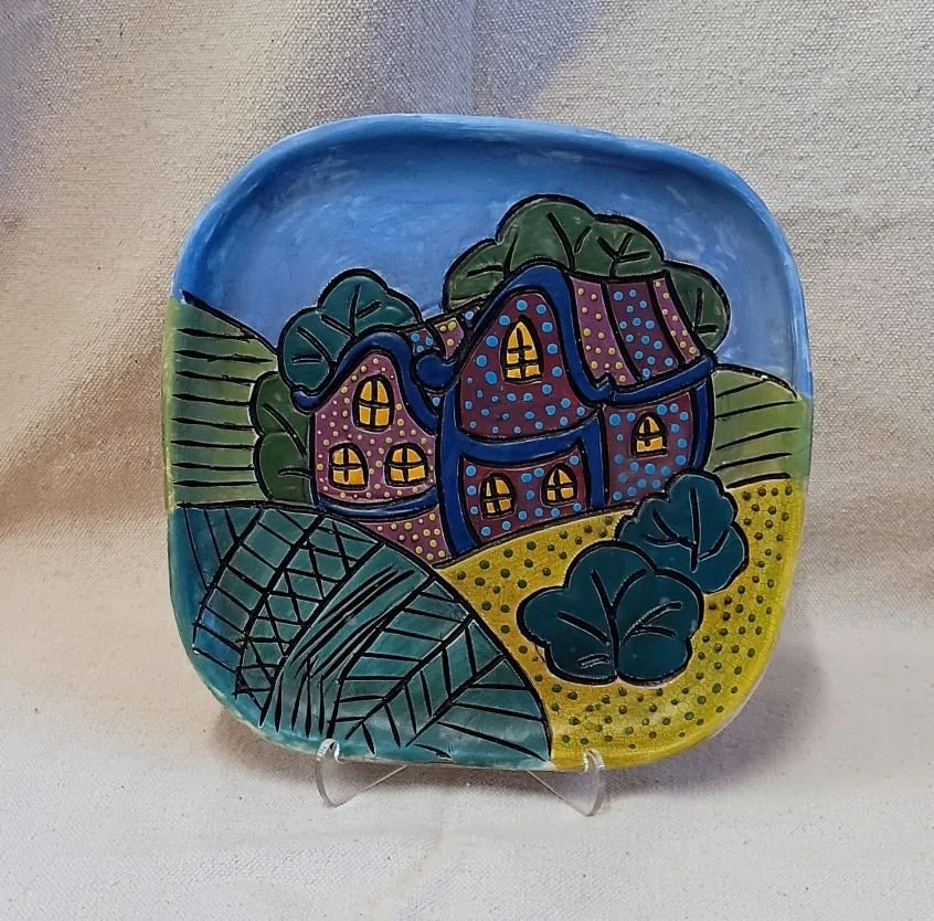 Scrafitto plate, black earthenware clay, fired to cone 05 