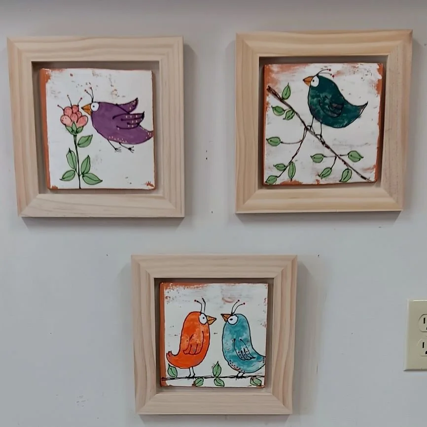 |SOLD| 3 birds in frames, red clay with slip transfers, fired to cone 05