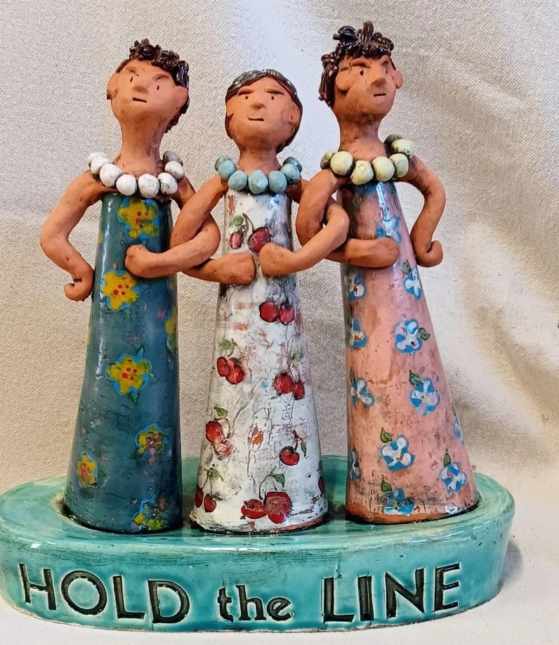 |sold| Hold the line, red earthenware clay with slip transfers,  fired to cone 05