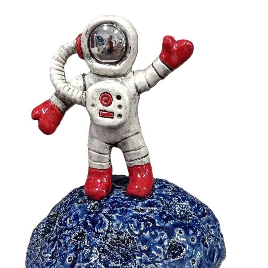 |NFS| Waving spaceman, white clay with platinum luster, fired to cone 05