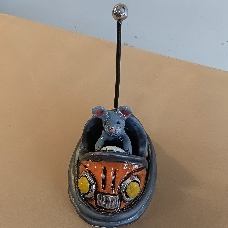 Bumper car mouse, white earthenware clay, fired to cone 05, white gold luster