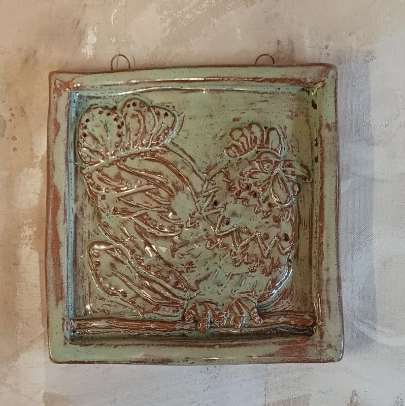 Tile with chicken, red earthenware clay, fired to cone 05