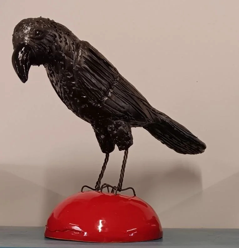 [sold] Crow, black earthenware clay, fired to cone 05, wire feet