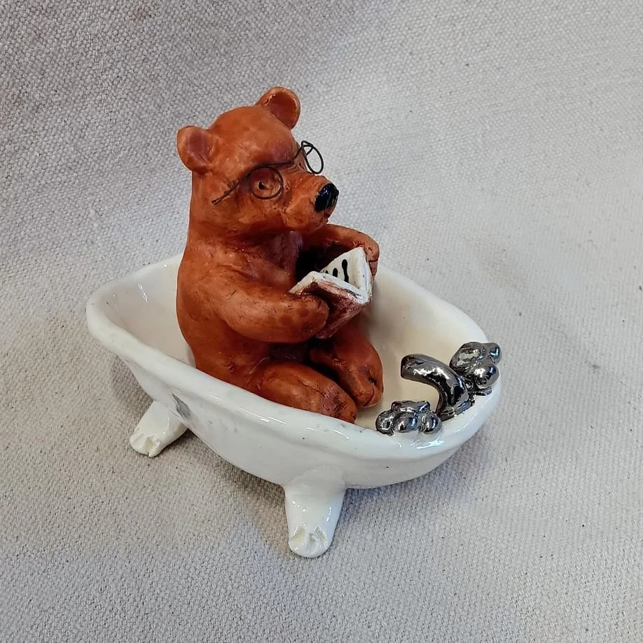 |SOLD| bear in a bathtub, white earthenware clay, fired to cone 05, white gold luster