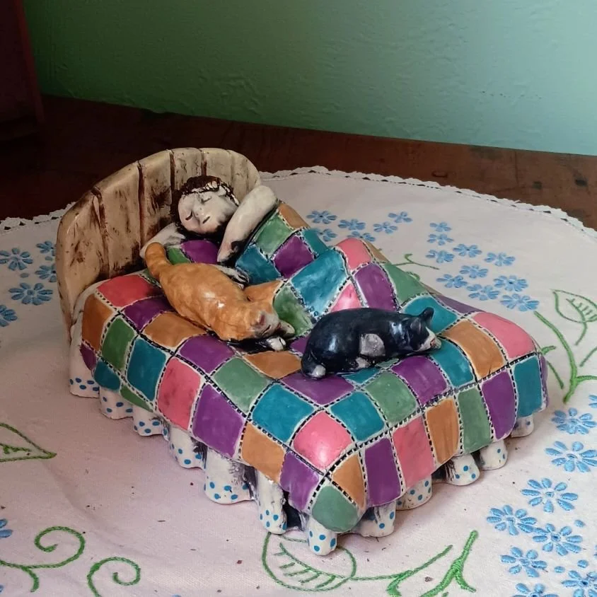 |sold| Sleeping with cats, white earthenware clay, fired to cone 05