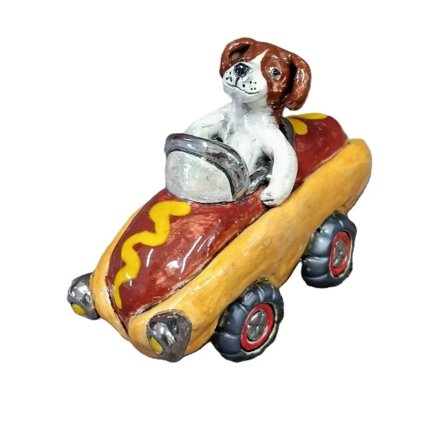 |sold| Richard Scarry hotdog car, white clay with platinum luster, fired to cone 05