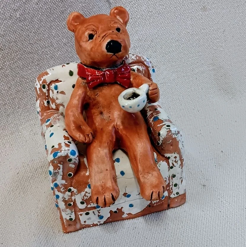 |sold| Bear in a chair, red earthenware clay, with slip transfers, fired to cone 05