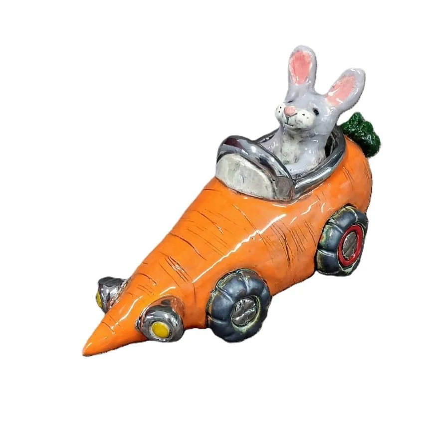 |sold| Richard Scarry carrot car, white clay with platinum luster, fired to cone 05