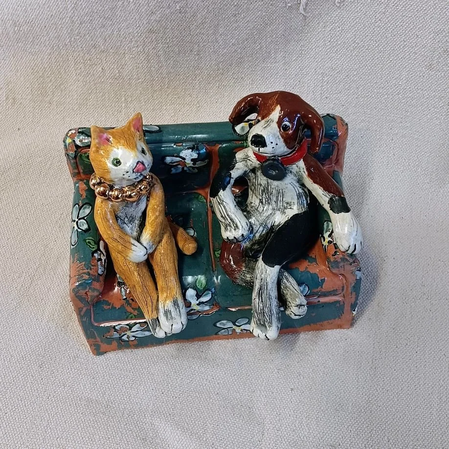 |sold| First date, red earthenware sofa with slip transfers, white clay cat and dog, gold luster, fired to cone 05