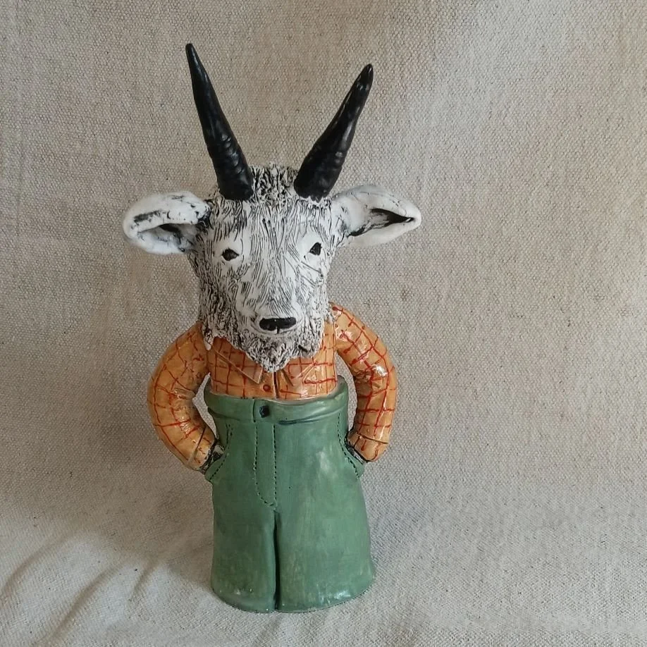 {NFS} Mountain goat, white clay, fired to cone 05