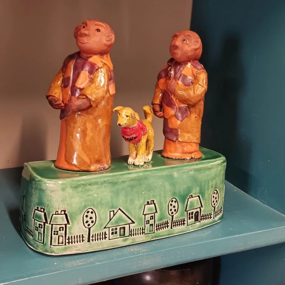 |SOLD| Walk for Peace monks, group with dog, red earthenware clay fired to cone 05