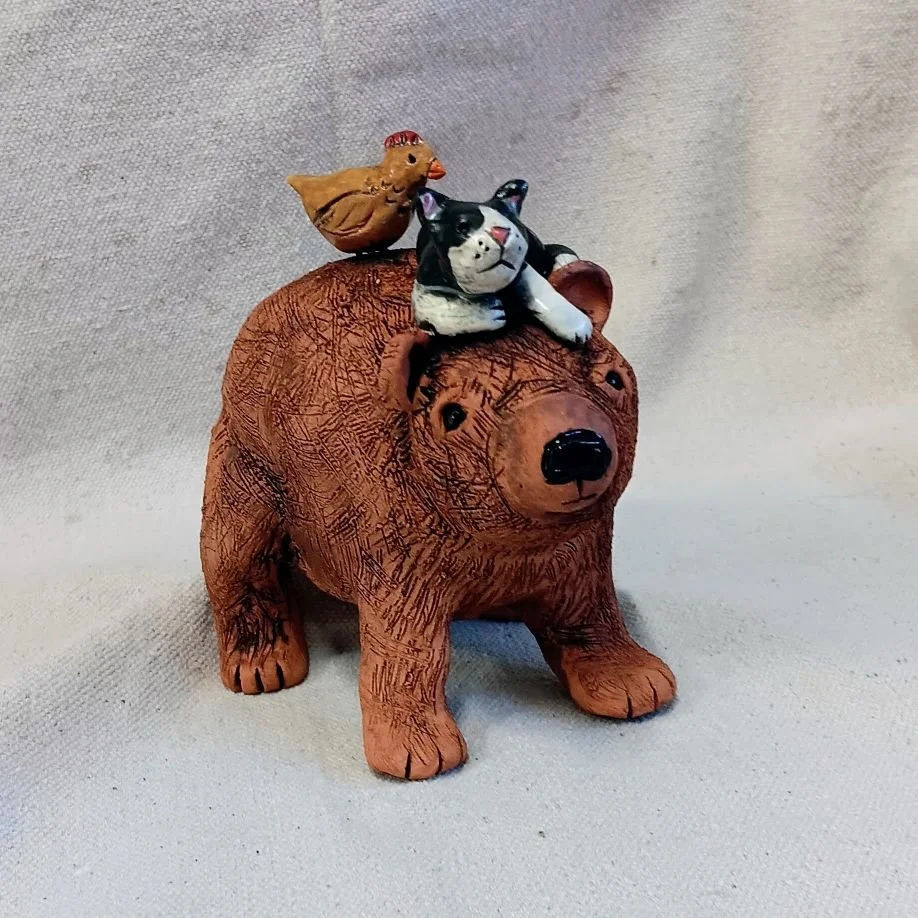 [sold] Bear with cat and chicken, red and white earthenware clay fired to cone 05